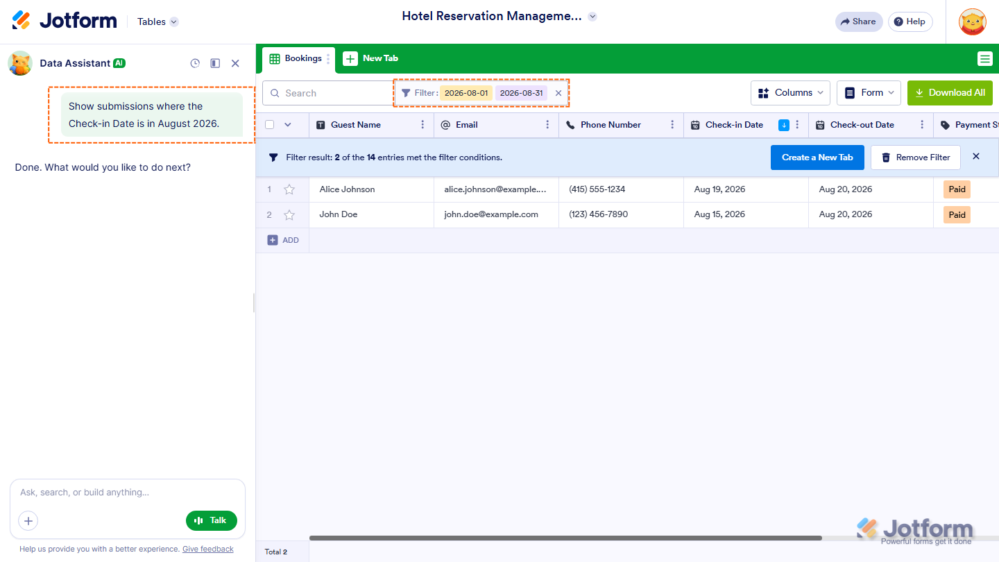 Jotform AI Data Assistant showing example prompts for sorting and filtering submissions by registration date, guest name, payment status, total amount, and check-in date