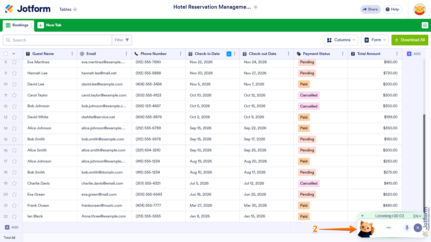 Jotform AI Data Assistant in voice mode at the bottom-right corner of the page, listening to spoken instructions and interacting with the user to perform actions on the Table