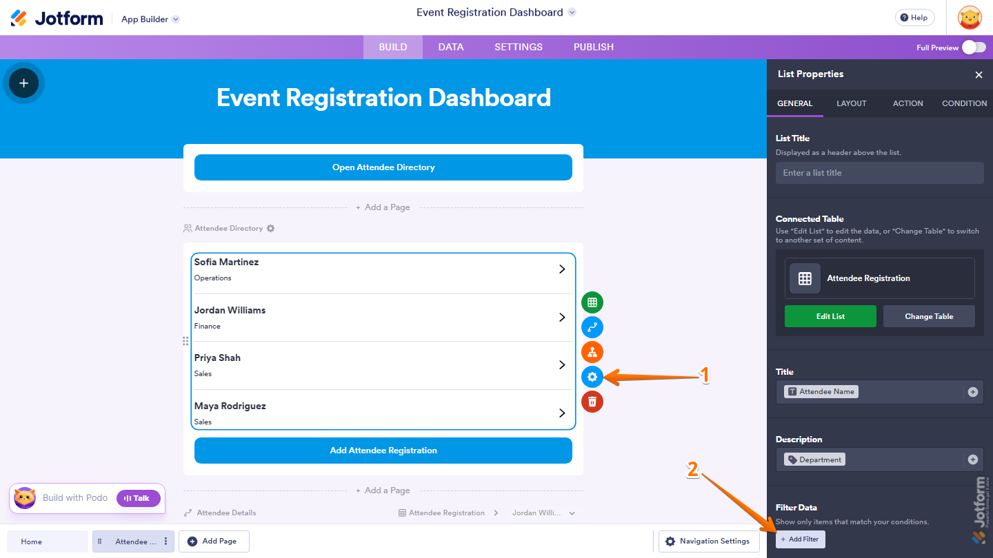 Jotform App Builder showing the List Element selected with its List Properties menu open on the right, where Add Filter is available under the General tab
