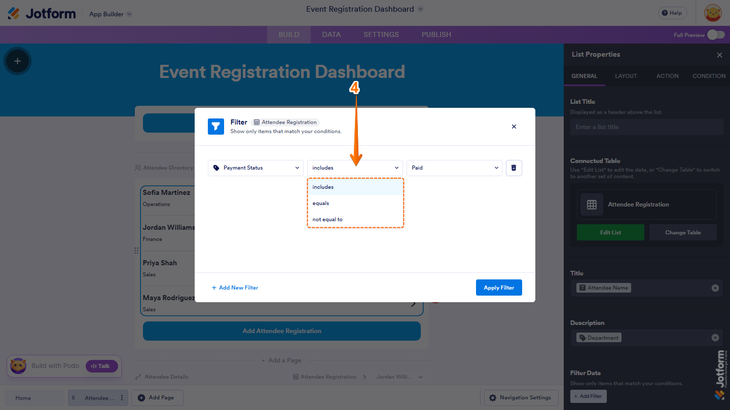 Jotform App Builder Filter window showing the condition dropdown with Includes, Equals, and Not Equal To options for setting the List Element filter rule