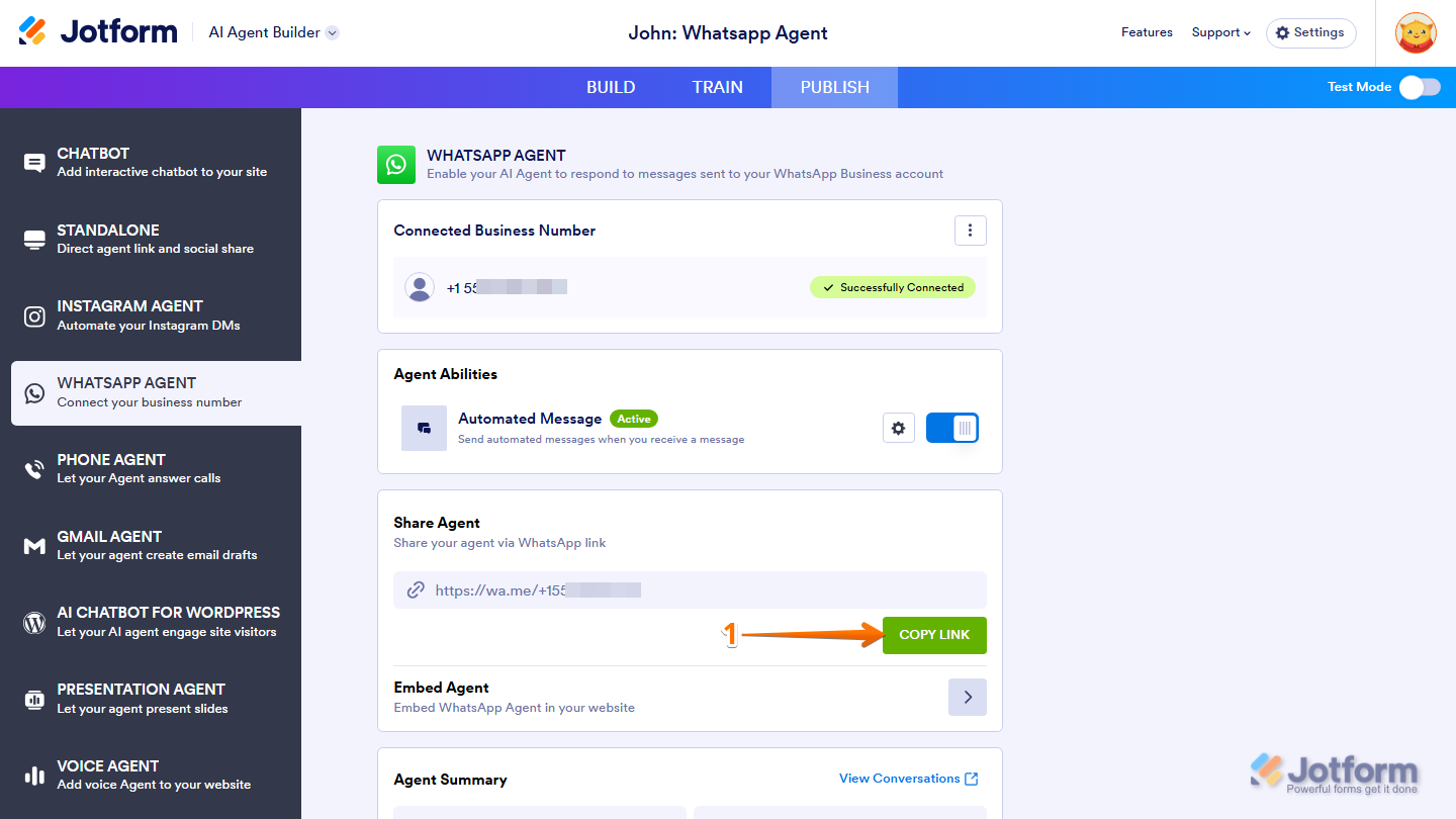 Jotform WhatsApp Agent page showing the Share Agent section with the Copy Link button, allowing users to copy and share the WhatsApp Agent link