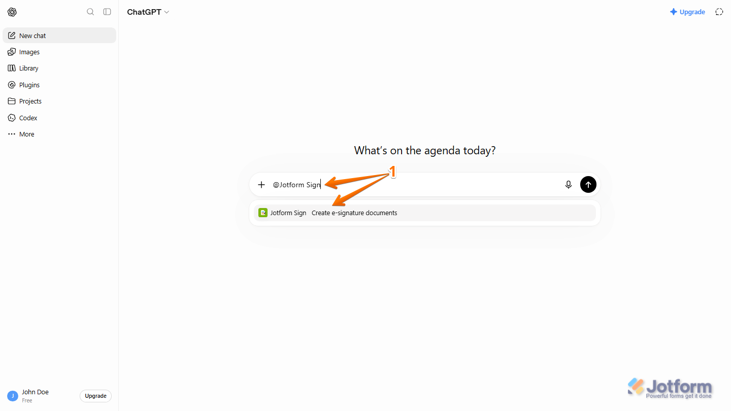 ChatGPT chat interface with @Jotform Sign entered in the prompt box and the plugin ready to be selected from the list