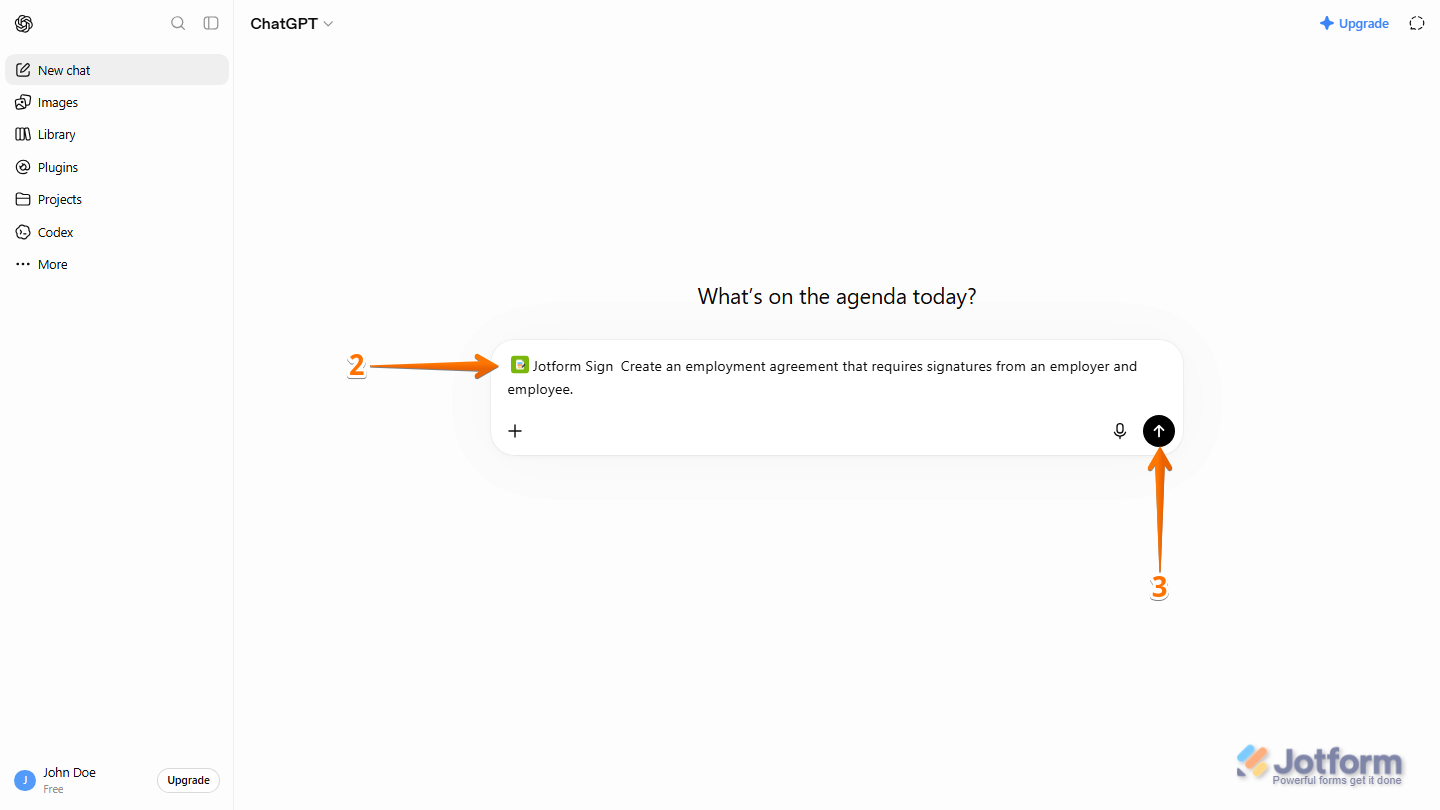 ChatGPT chat interface with @Jotform Sign selected in the prompt box and a prompt describing an employment agreement ready to be submitted using the Upward Arrow button or the Enter key