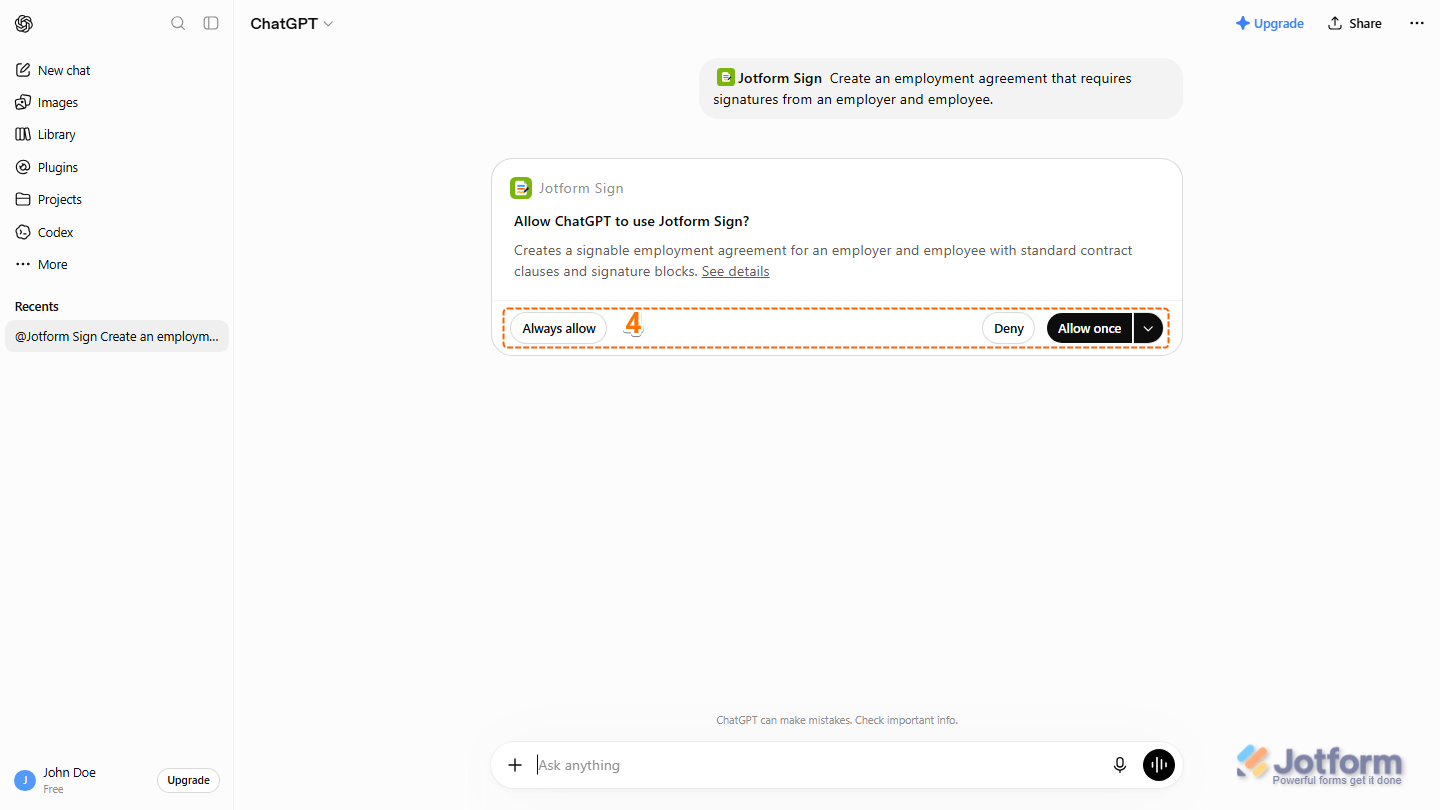 ChatGPT permission prompt displaying the requested access for Jotform Sign with Allow Once and Always Allow buttons available to authorize the plugin