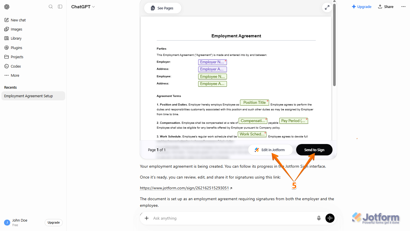 ChatGPT conversation displaying the generated Jotform Sign document with Edit in Jotform and Send to Sign buttons available for further customization or sending the document for signatures
