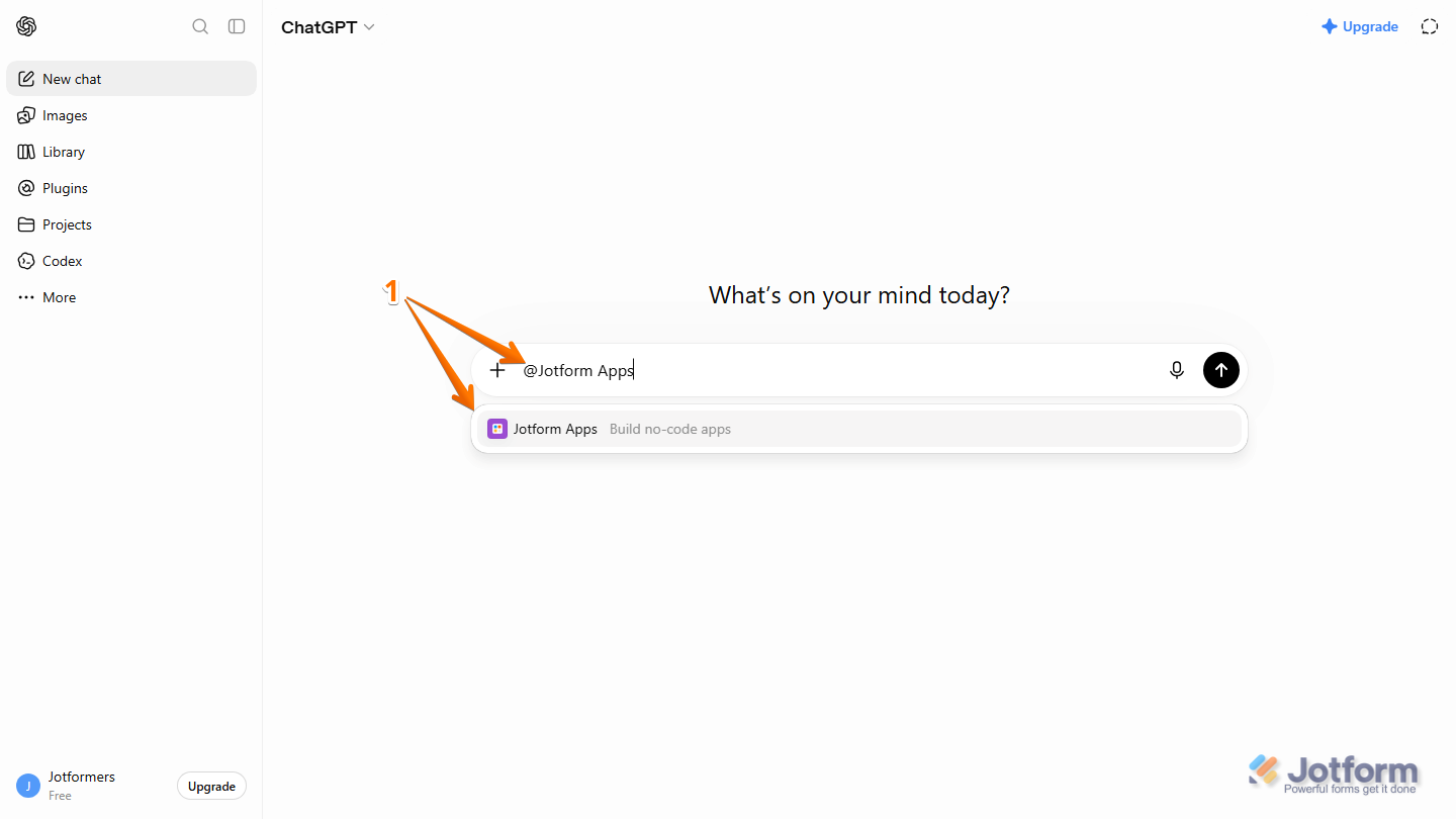 Jotform Apps plugin selection in ChatGPT with @Jotform Apps entered in the prompt box and the plugin ready to be selected from the list