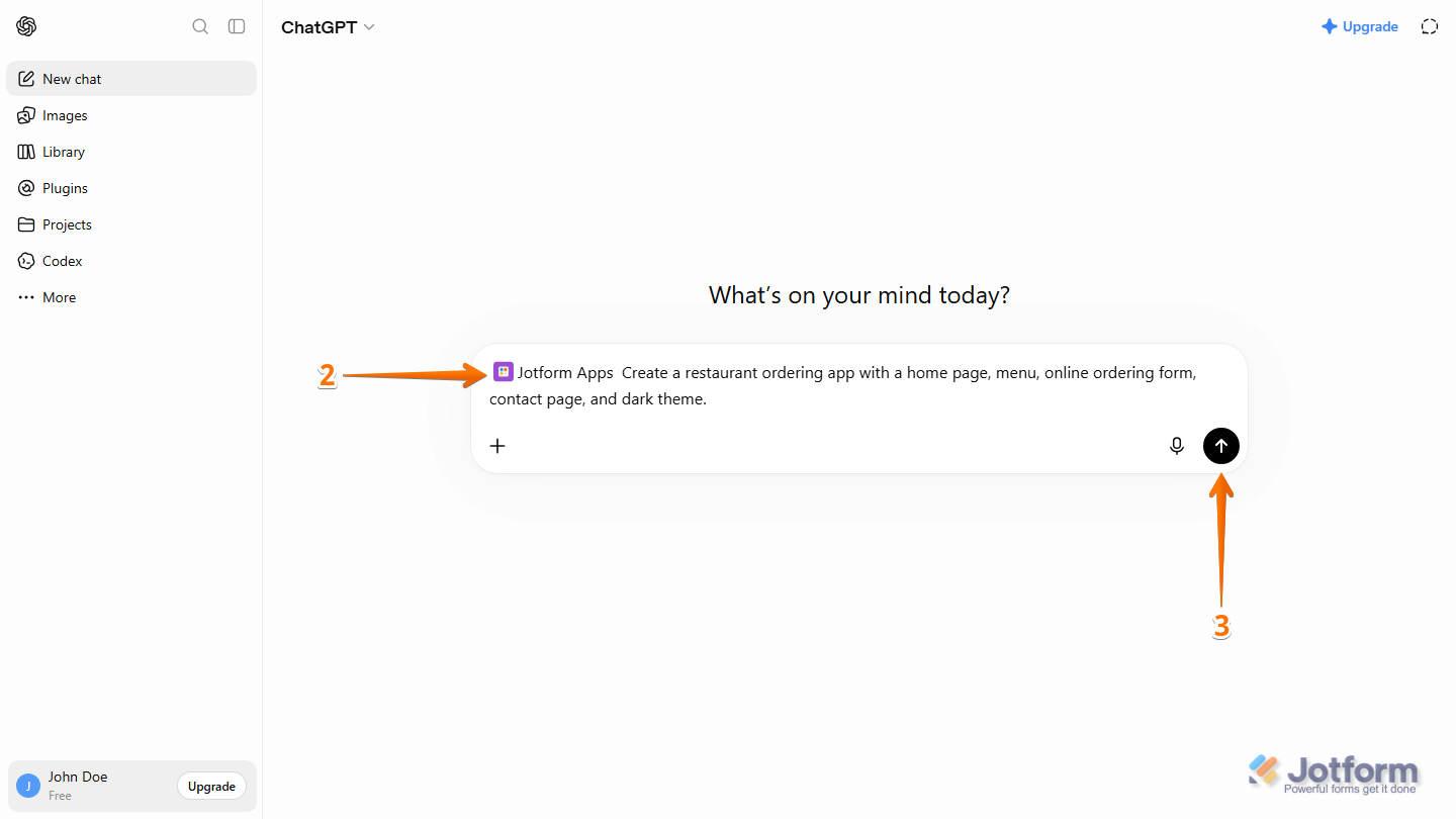 ChatGPT chat interface with @Jotform Apps selected in the prompt box and a prompt describing a restaurant ordering app ready to be submitted using the Upward Arrow button or the Enter key