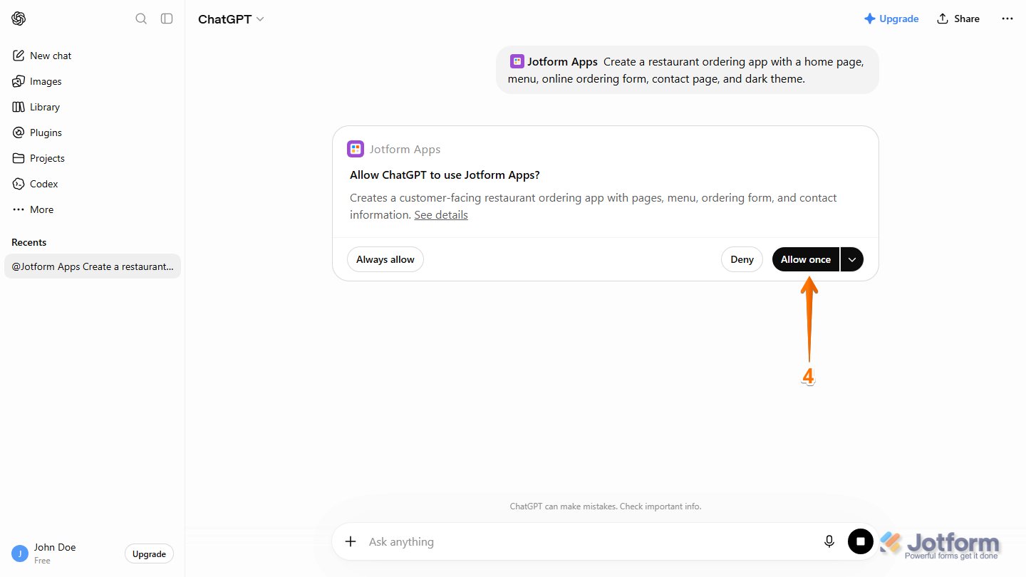 ChatGPT permission prompt displaying the requested access for Jotform Apps with Allow Once and Always Allow buttons available to authorize the plugin