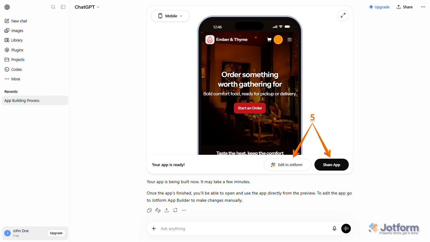 ChatGPT conversation displaying the generated Jotform App with Edit in Jotform and Share App buttons available for customizing or sharing the app