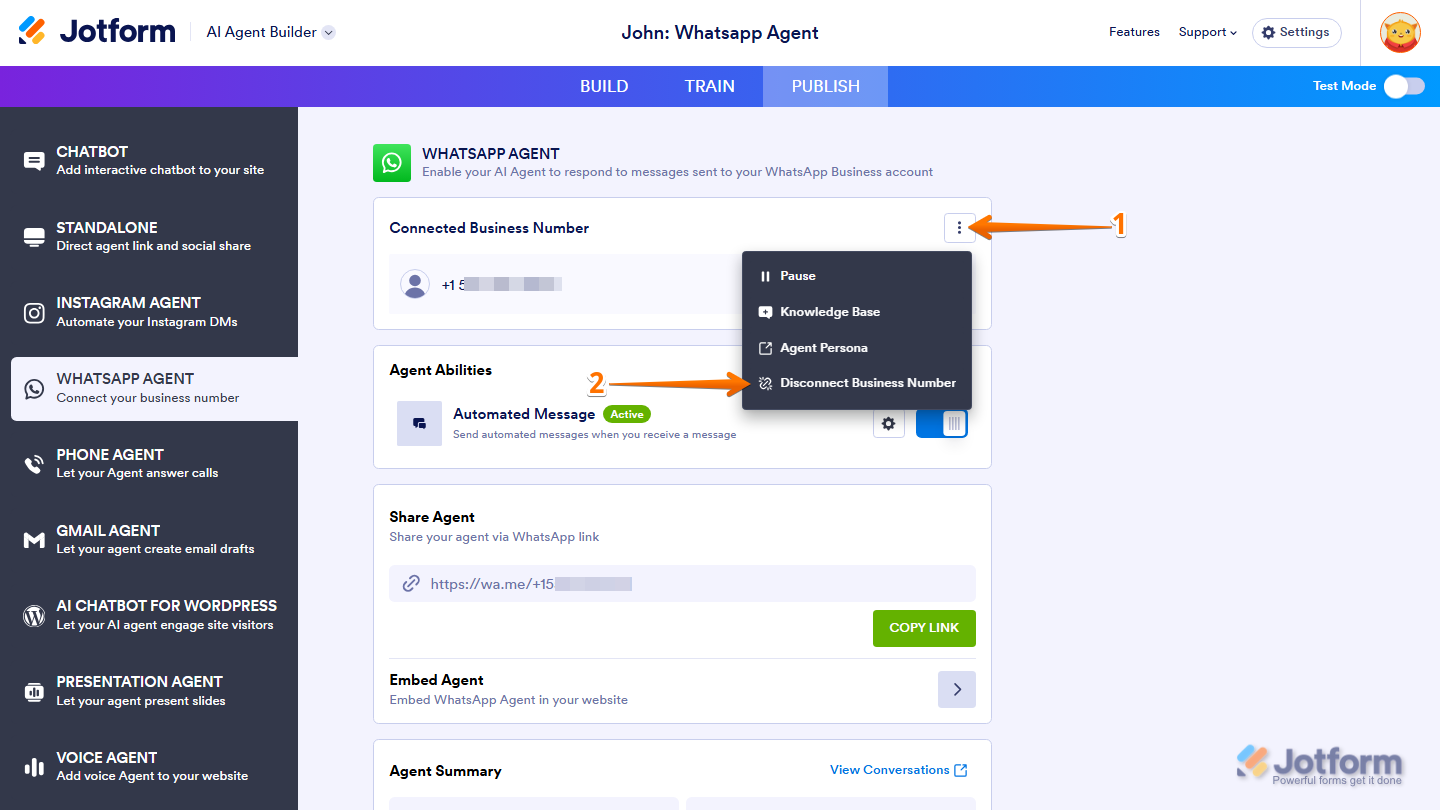 Jotform AI Agent Builder showing the Connected Business Number section with the Three Dots menu open next to the connected number and the Disconnect Business Number option available