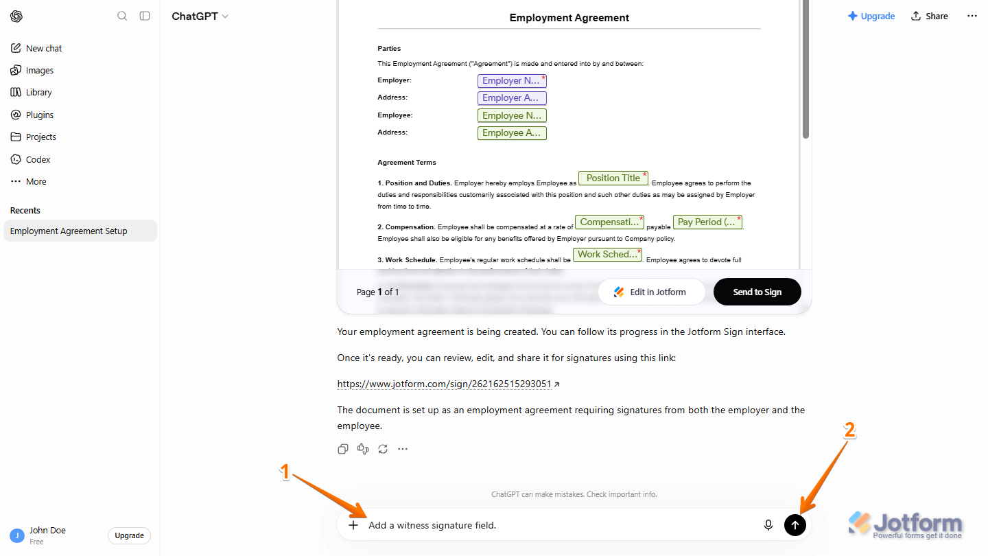 ChatGPT conversation with the Jotform Sign plugin showing a follow-up prompt in the message box to update an existing sign document, with example requests such as adding a witness signature field, inserting a company logo, including a confidentiality clause, adding a date field before the signature section, or creating a terms and conditions section, ready to be submitted