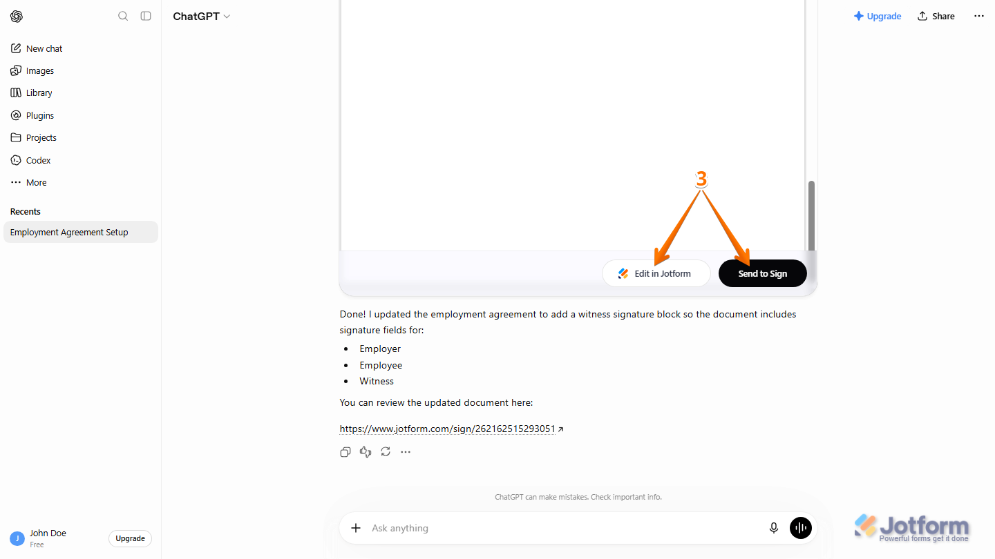 ChatGPT conversation displaying the updated Jotform Sign document with Edit in Jotform and Send to Sign buttons available for further customization or sending the document for signatures