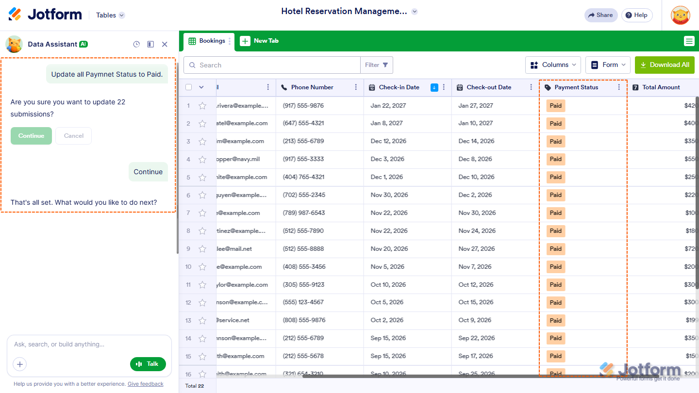 Jotform AI Data Assistant showing example prompts for editing Table submissions, including updating attendance type, payment status, department, registration status, and event dates