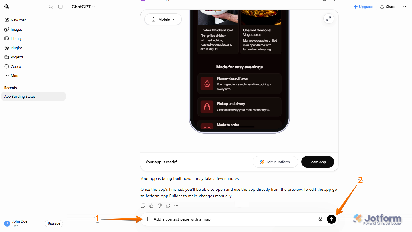 ChatGPT conversation with the Jotform Apps plugin showing a follow-up prompt in the message box to update an existing app, with example requests such as adding a contact page, changing the color scheme, adding a booking form, creating an FAQ page, or adding a gallery, ready to be submitted using the Upward Arrow button or the Enter key