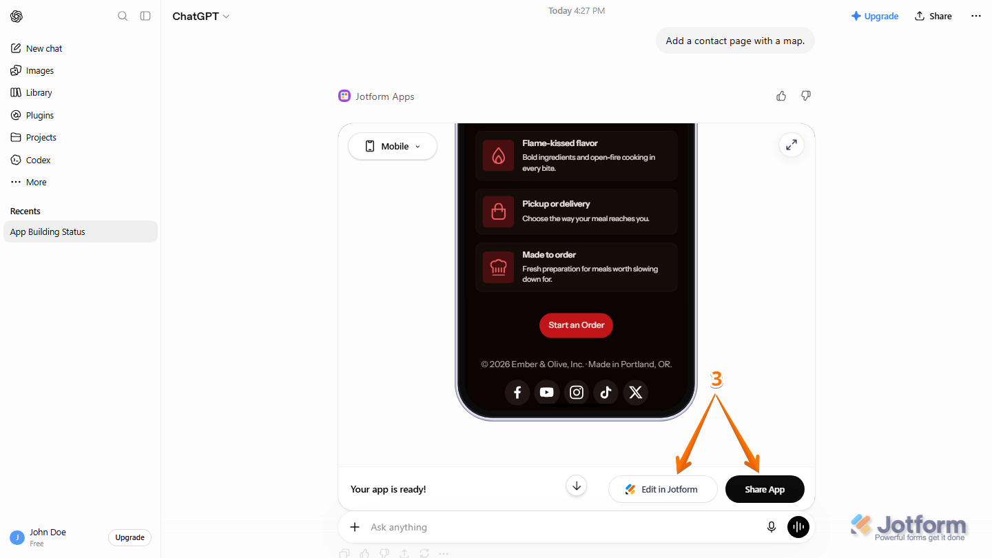 ChatGPT conversation displaying the updated Jotform App with Edit in Jotform and Share App buttons available for further customization or sharing