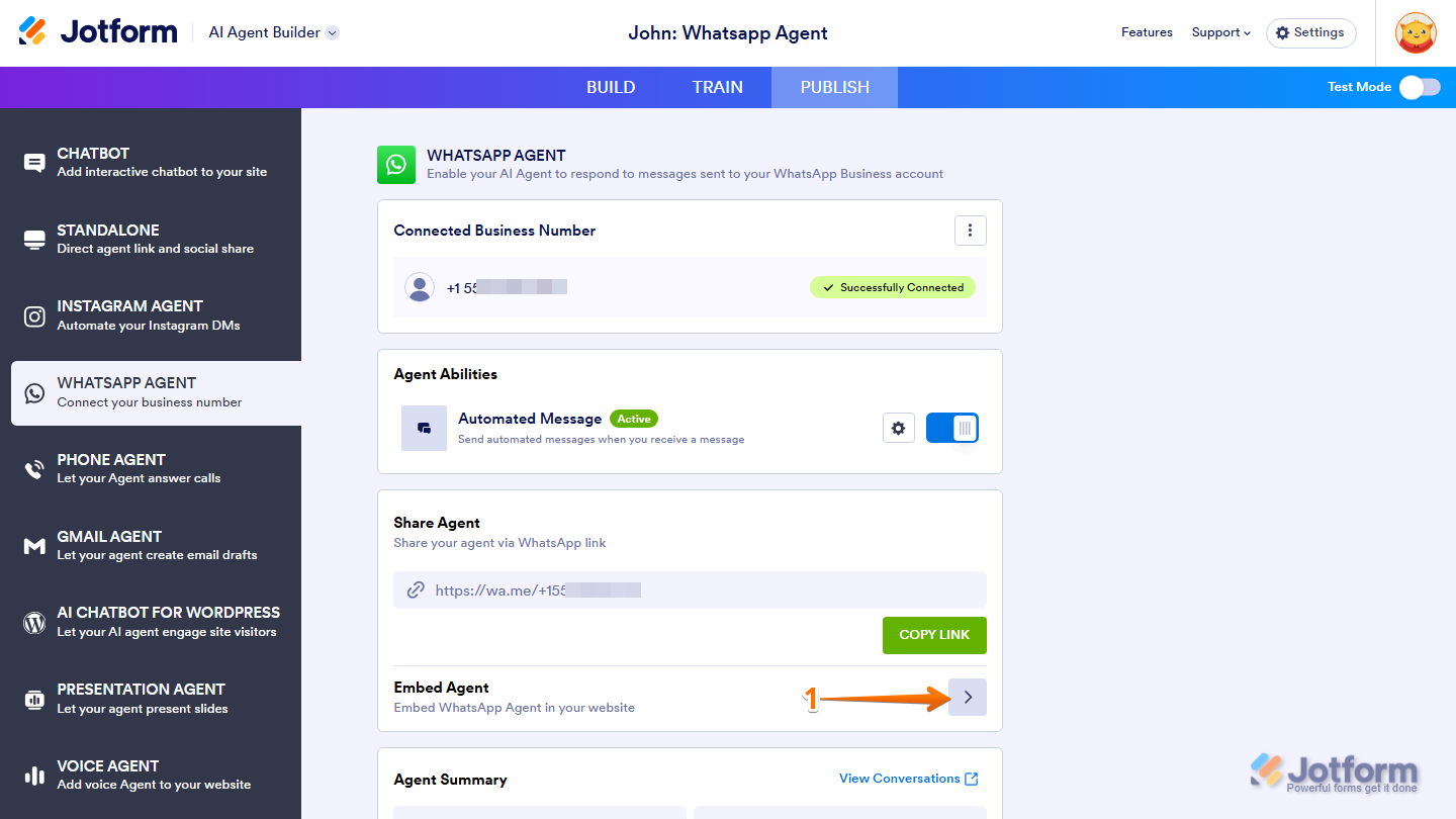 Jotform AI Agent Builder showing the Embed Agent section with the Forward Arrow icon highlighted for opening the agent embedding options