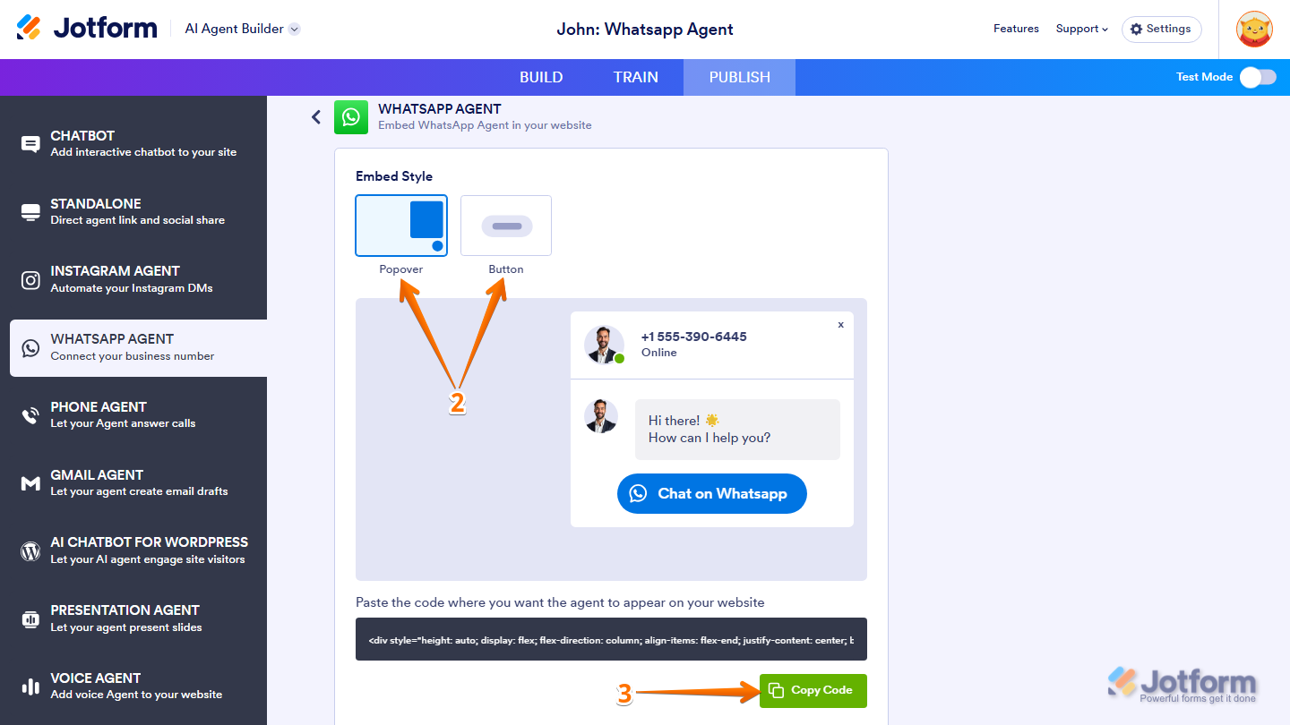 Jotform WhatsApp Agent embed settings showing Popover and Button embed styles, with the Copy Code option available for copying the generated embed code to a website
