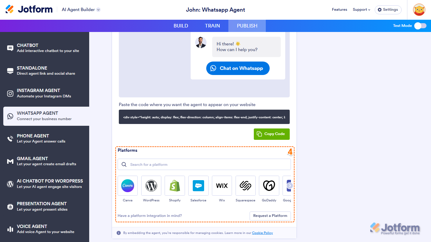 Jotform WhatsApp Agent page showing the Platforms section with supported website platforms, a Search bar for finding a platform, and options to view platform-specific embedding instructions