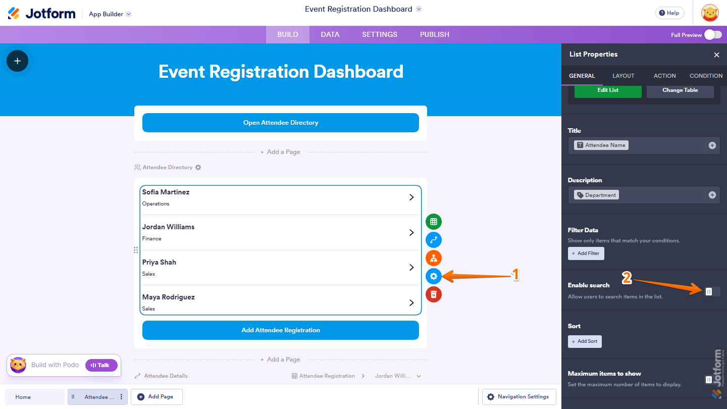 Jotform App Builder showing the List Element selected with the List Properties menu open on the right, where the Enable Search toggle is switched on under the General tab