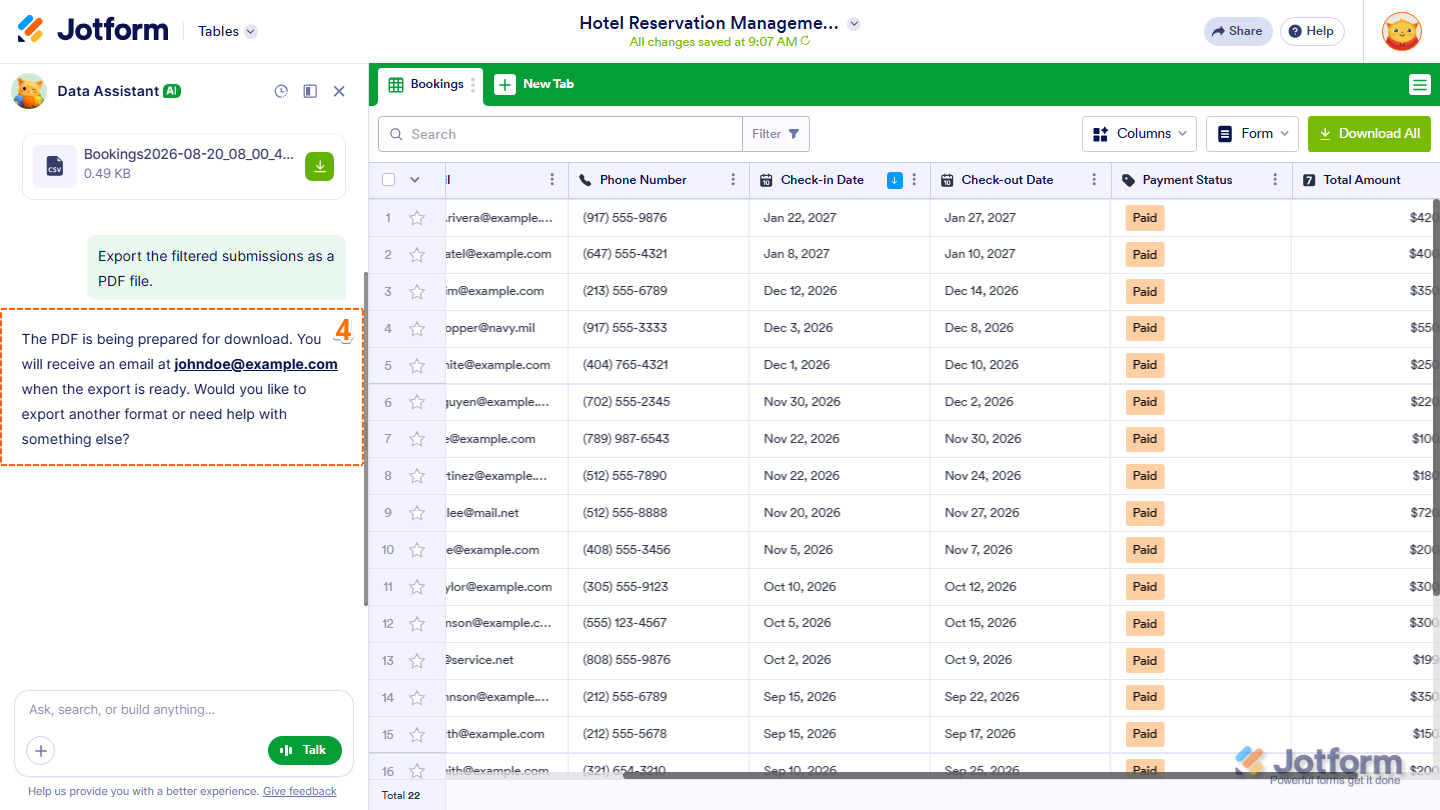 Jotform AI Data Assistant confirming a requested PDF export and indicating that an email will be sent to the user’s account with a link to download the PDF file