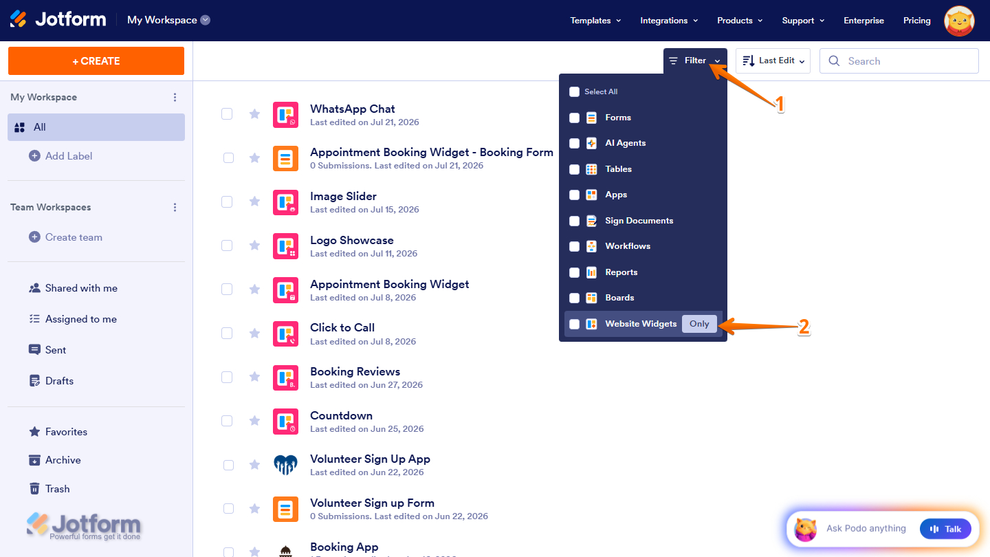 Website Widget only filter in Jotform My Workspace page