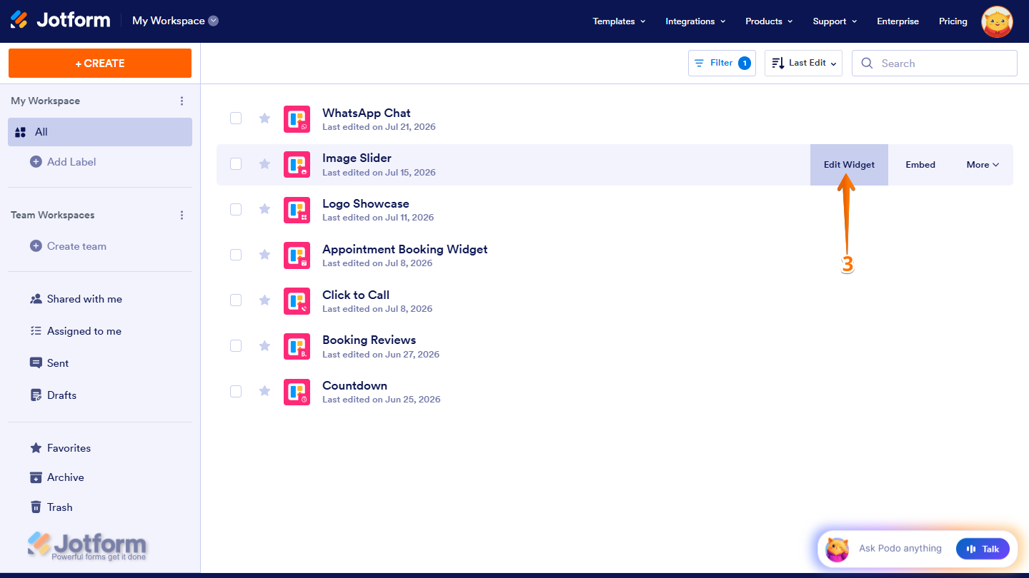 Edit Widget option in the My Workspace page