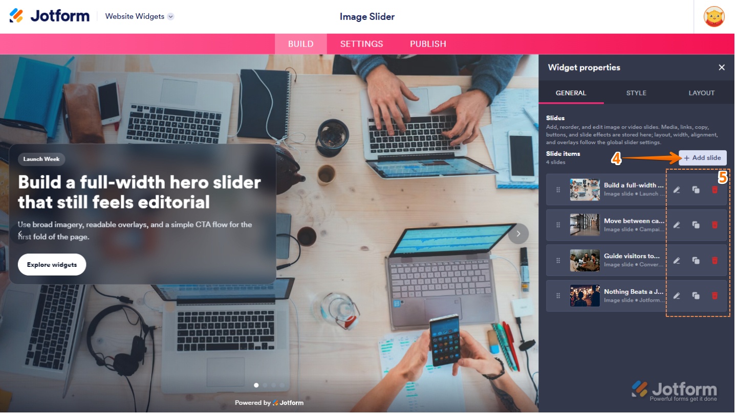 Add Slide button when editing the Image Slider widget button