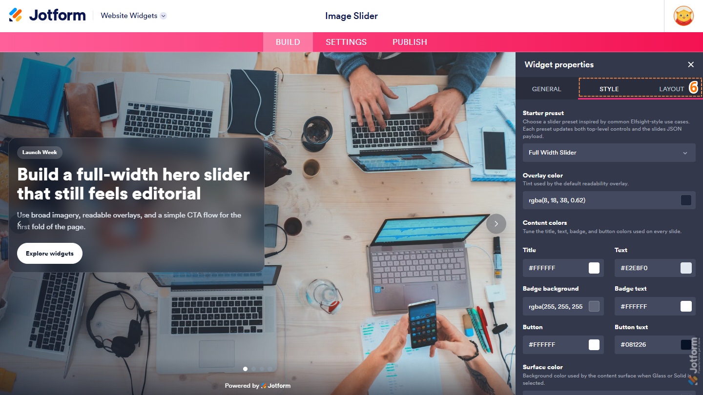 Style and Layouts tab when editing the Image Slider widget button