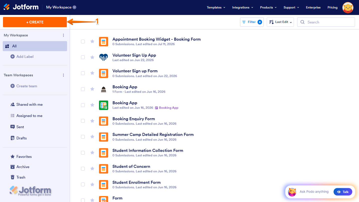 Create button in Jotform My Workspace page