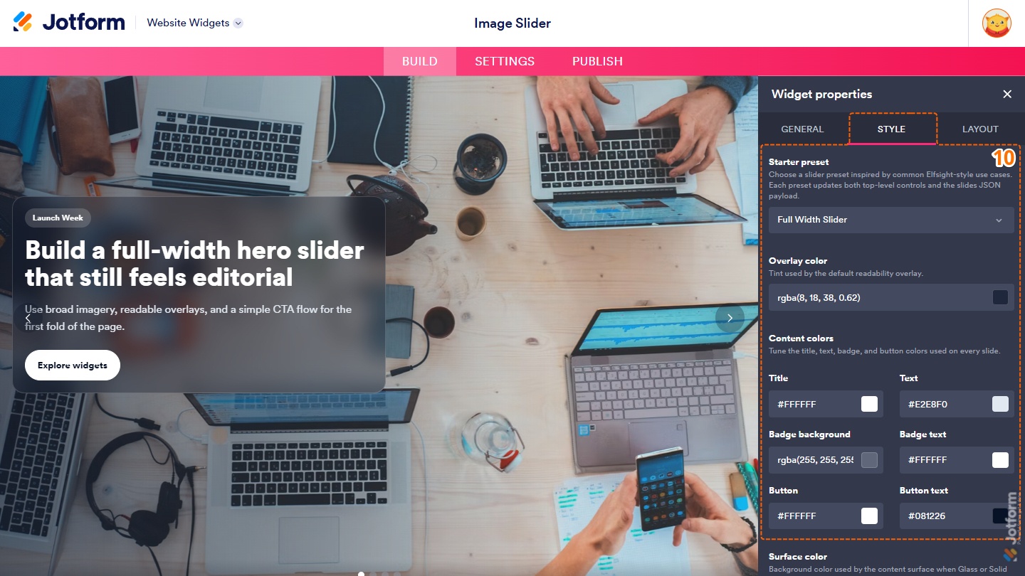 Style tab of the Image Slider Widget properties menu