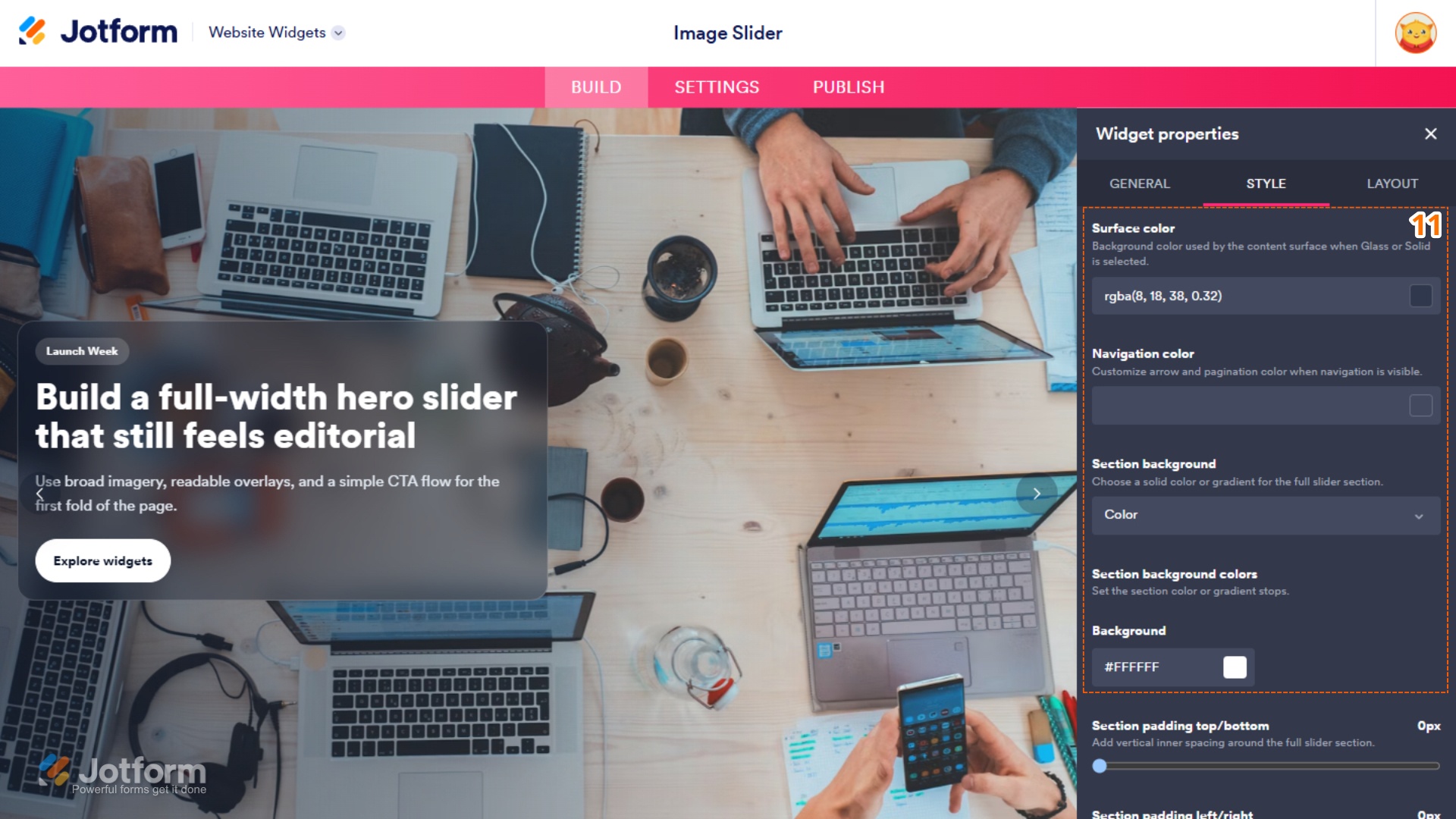Style tab of the Image Slider Widget properties menu
