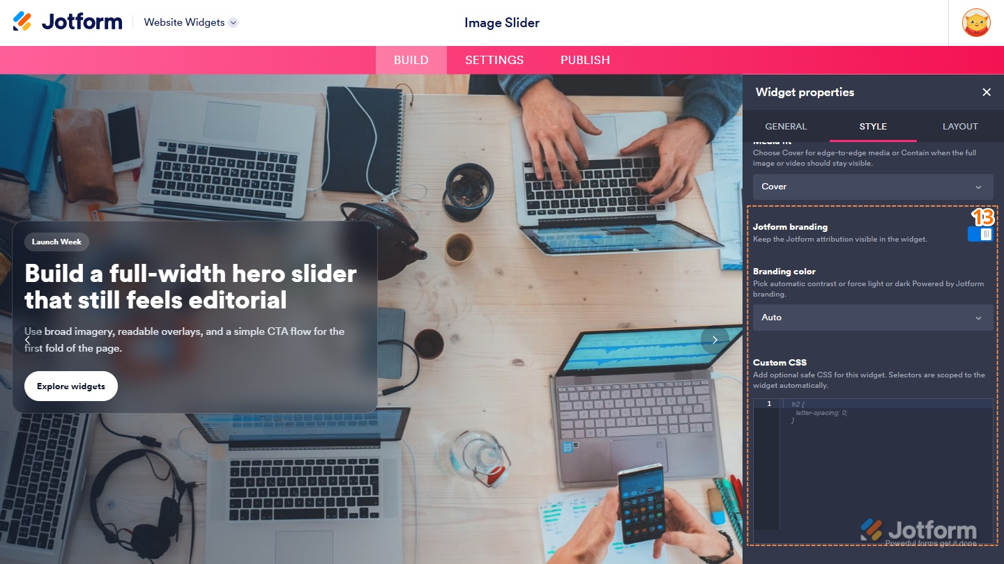Style tab of the Image Slider Widget properties menu