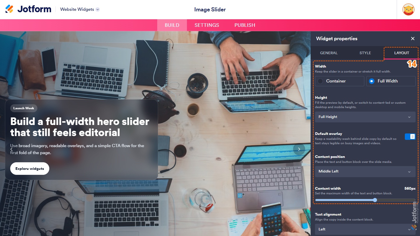 Layout tab of the Image Slider Widget properties menu