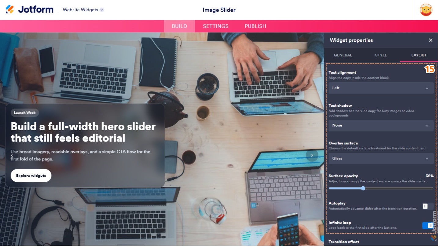 Layout tab of the Image Slider Widget properties menu