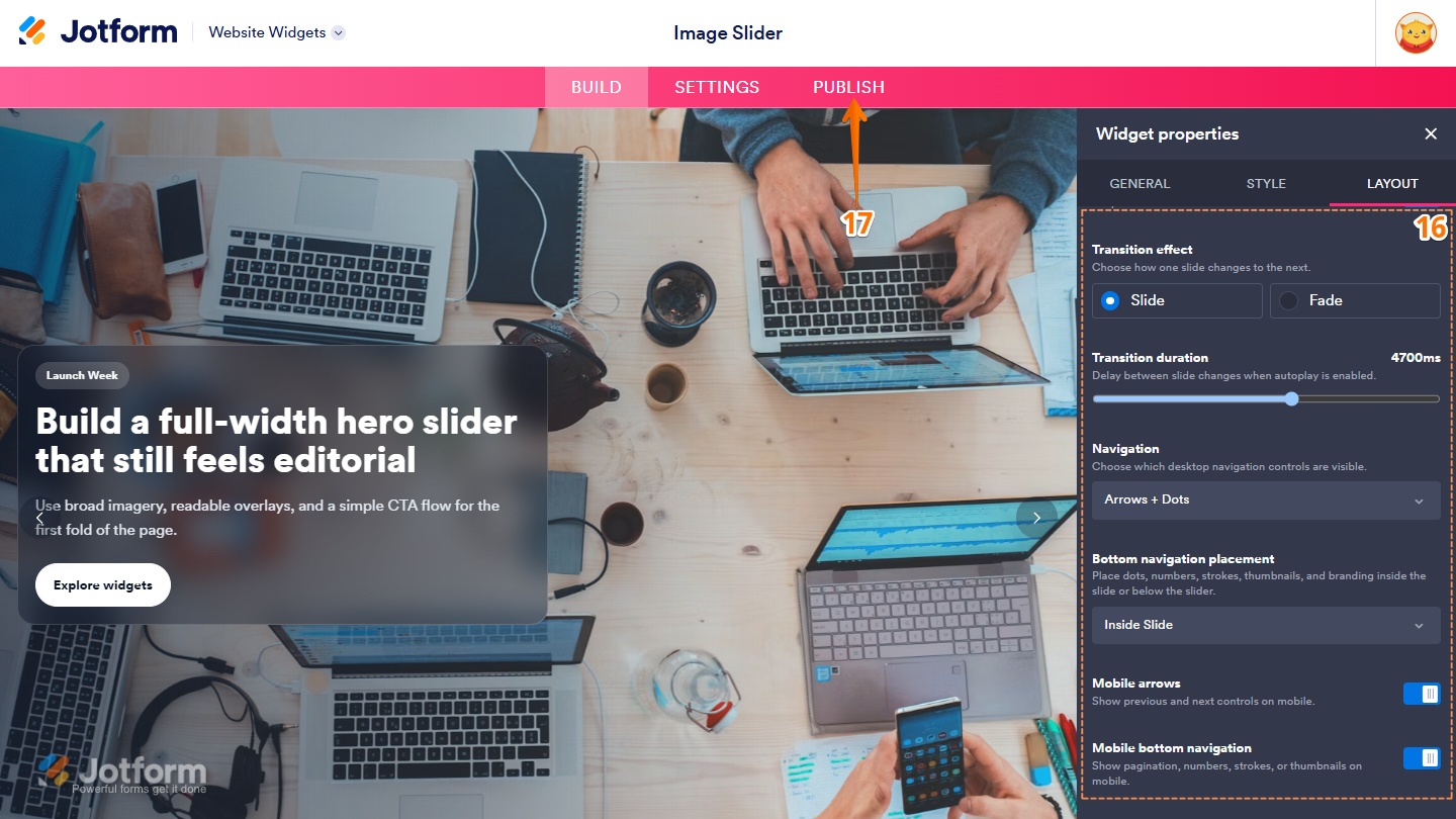 Layout tab of the Image Slider Widget properties menu