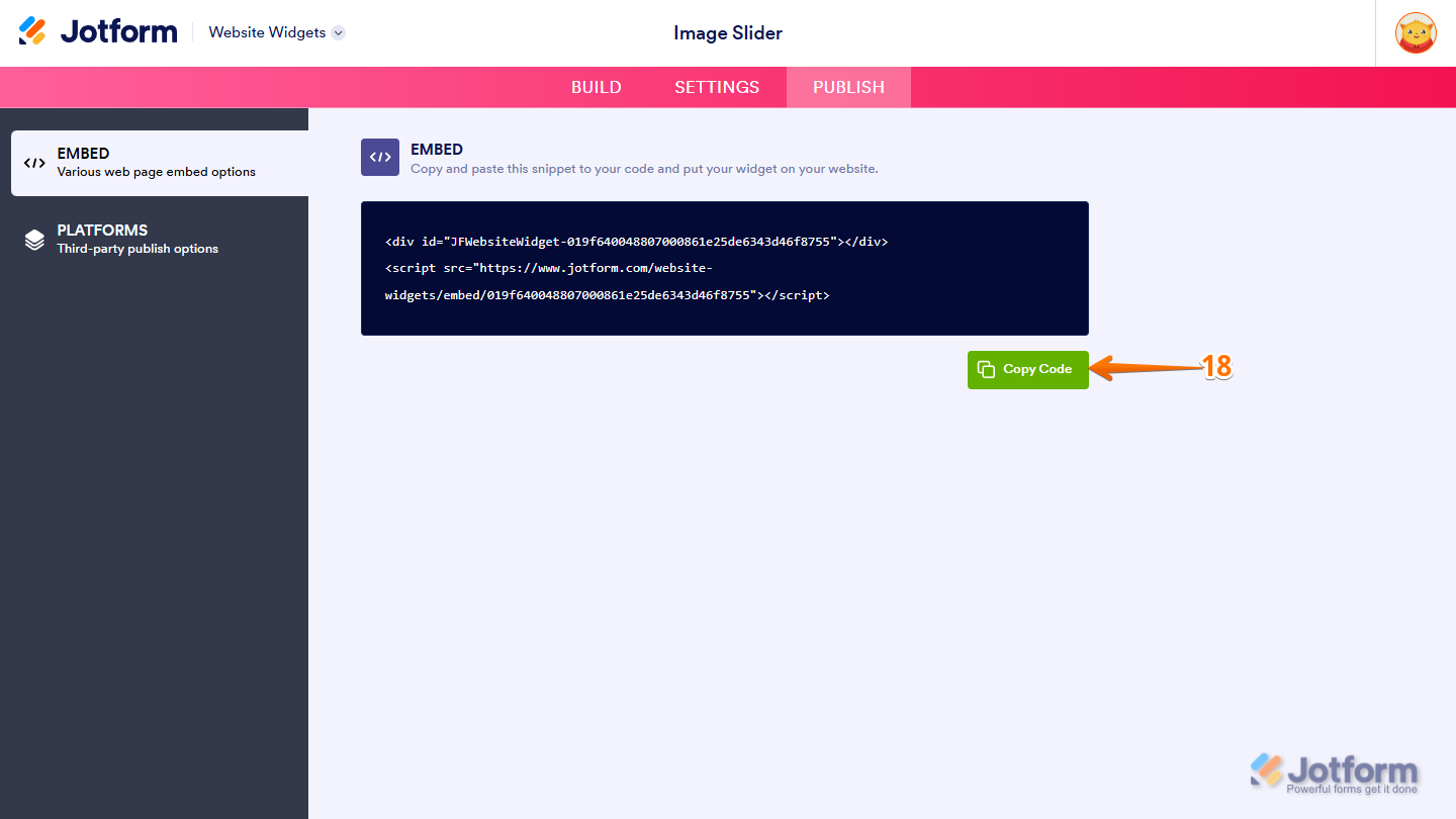Copy Code button in the Publish tab of the Jotform Website Widget Builder page