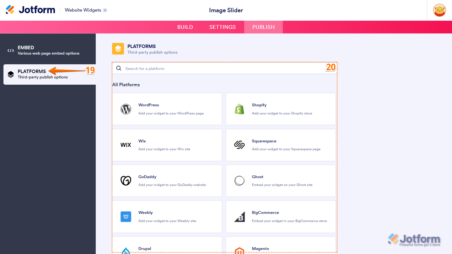 Platforms section in the Publish tab of the Jotform Website Widget Builder page