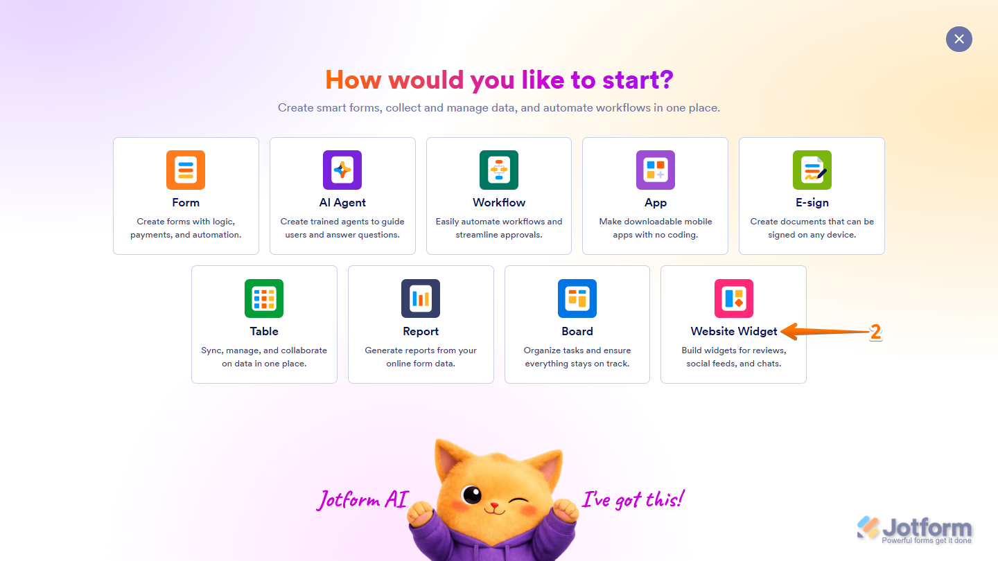 Website Widget option in Jotform's Create Asset flow