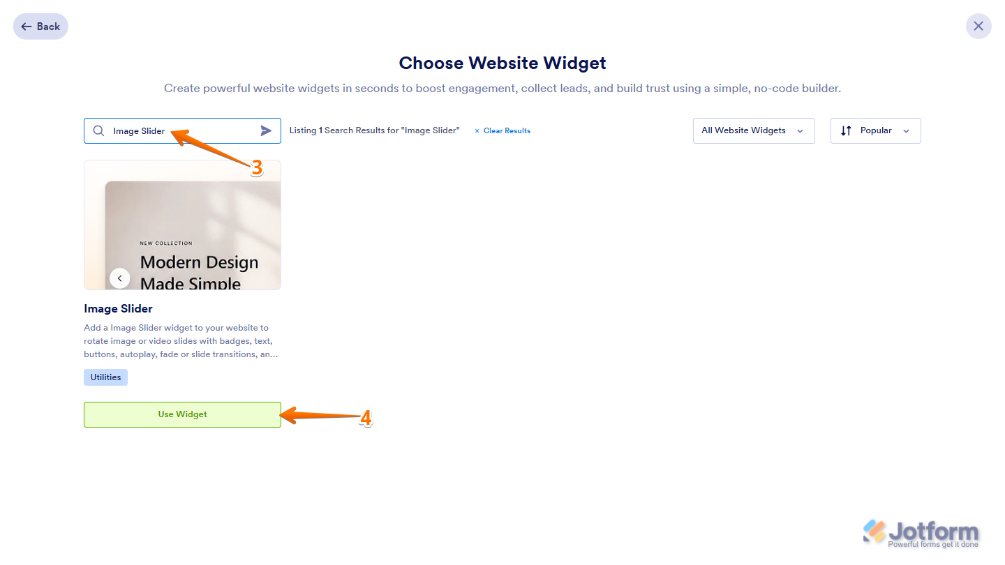 Image Slider option in the Choose Website Widget window
