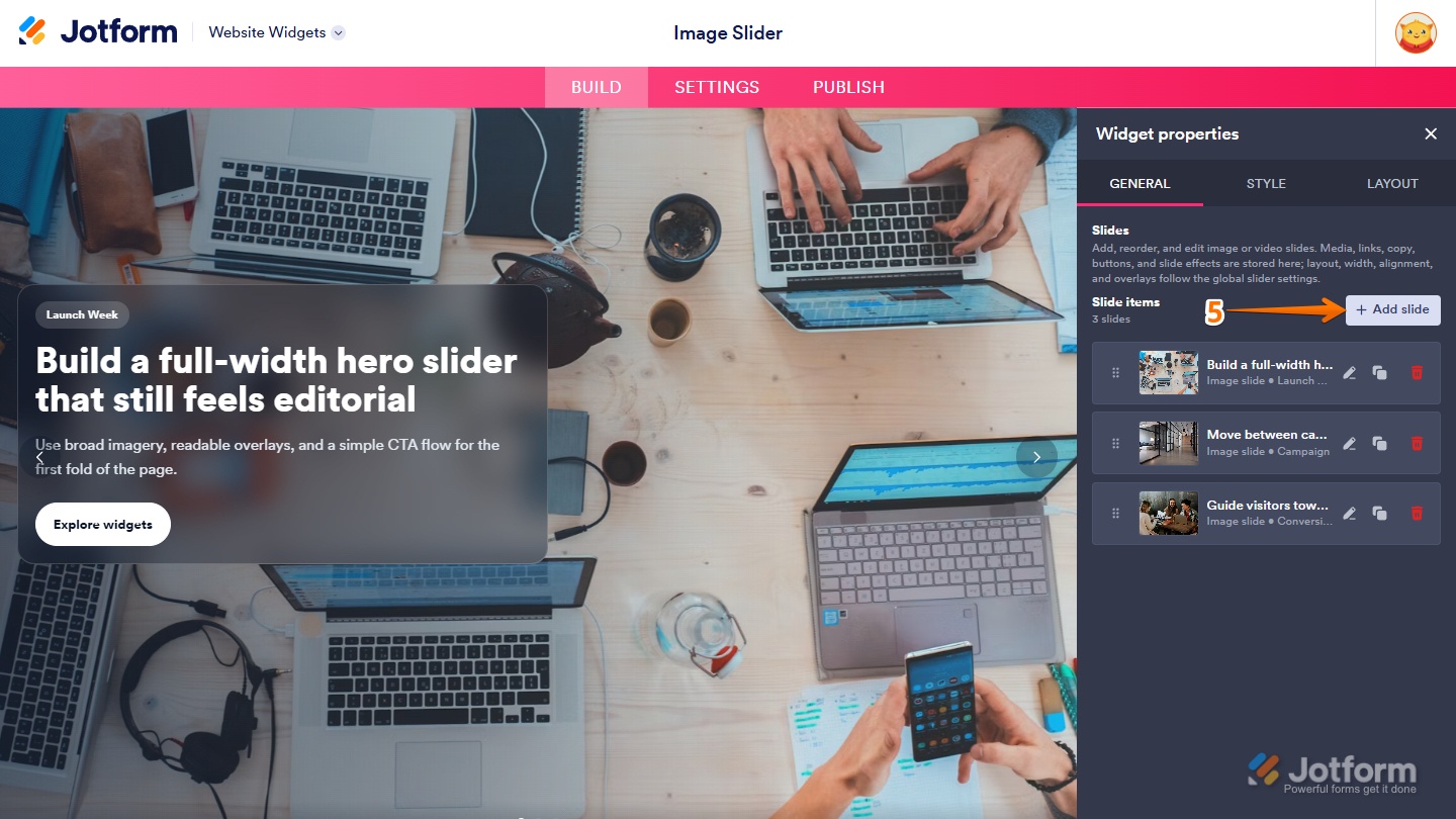 Add Slide button in the Image Slider Widget properties menu