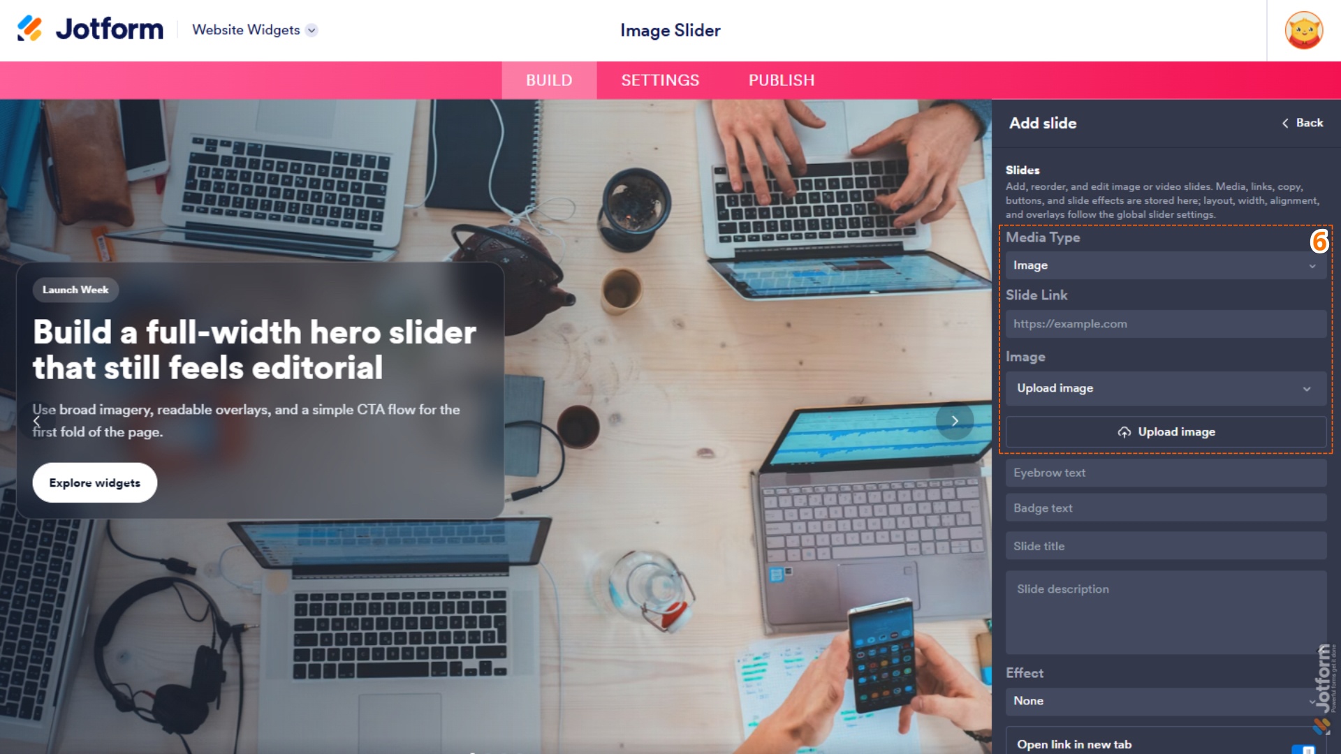 Add Slide menu in the Image Slider Widget properties