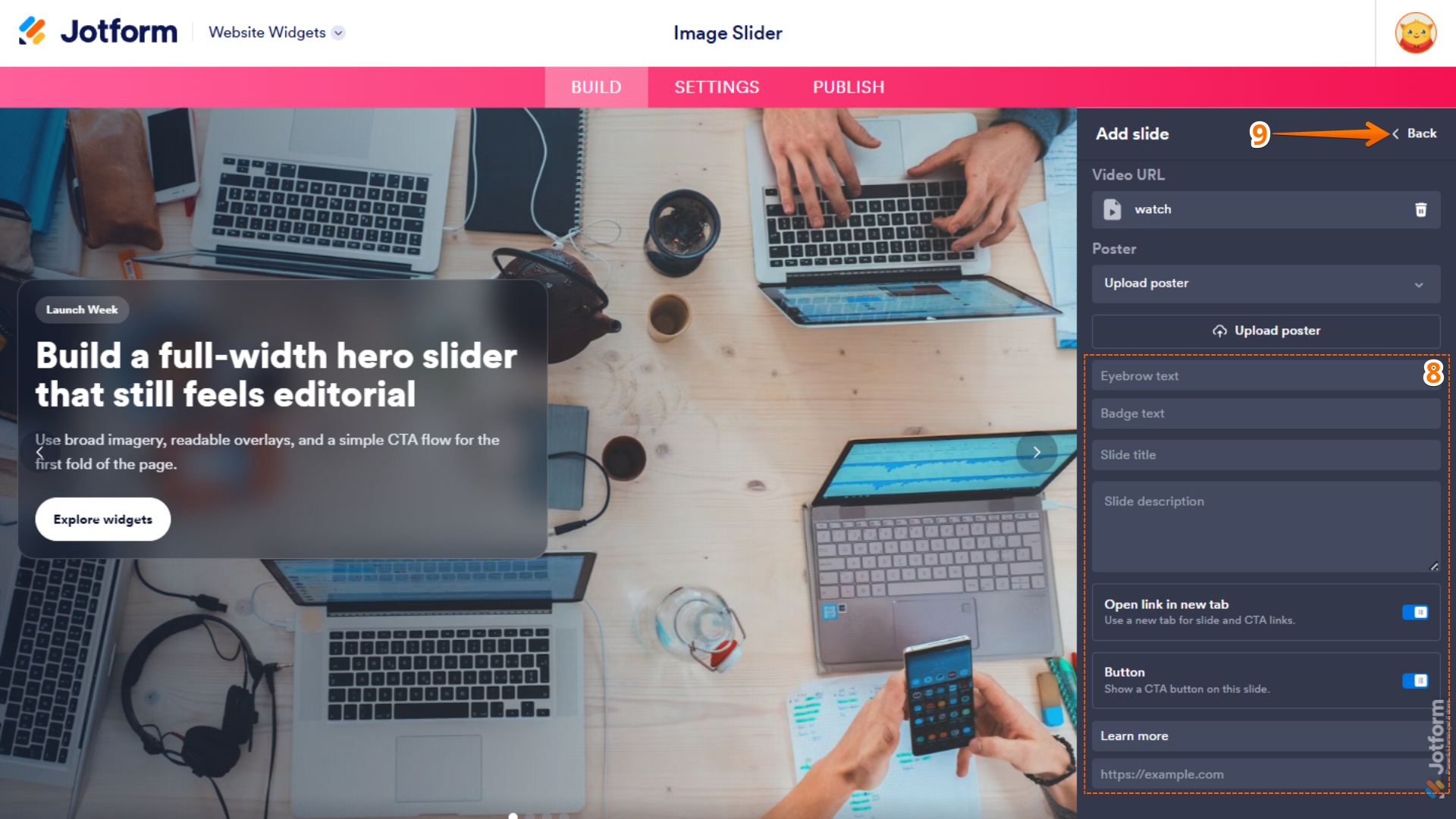 Add Slide menu in the Image Slider Widget properties