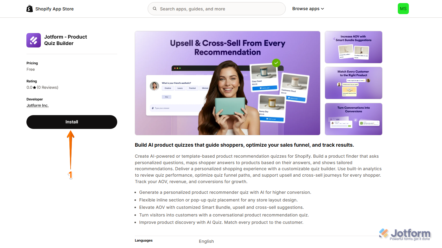 Shopify App Store page for Jotform – Product Quiz Builder, with the Install button visible on the left side for adding the app to a Shopify store