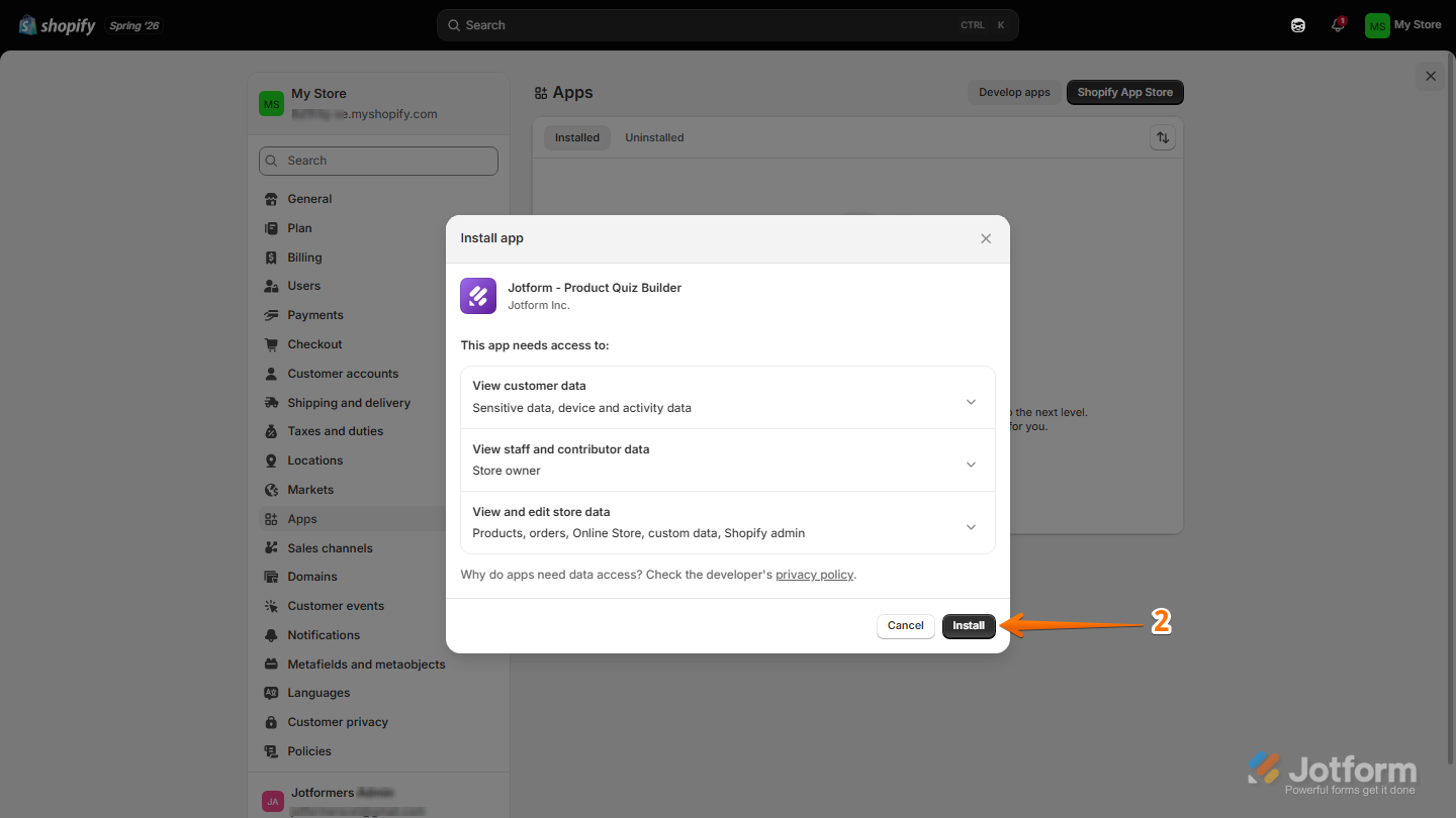 Shopify Install App window displaying the requested permissions for Jotform – Product Quiz Builder, with the Install button available to confirm the app installation