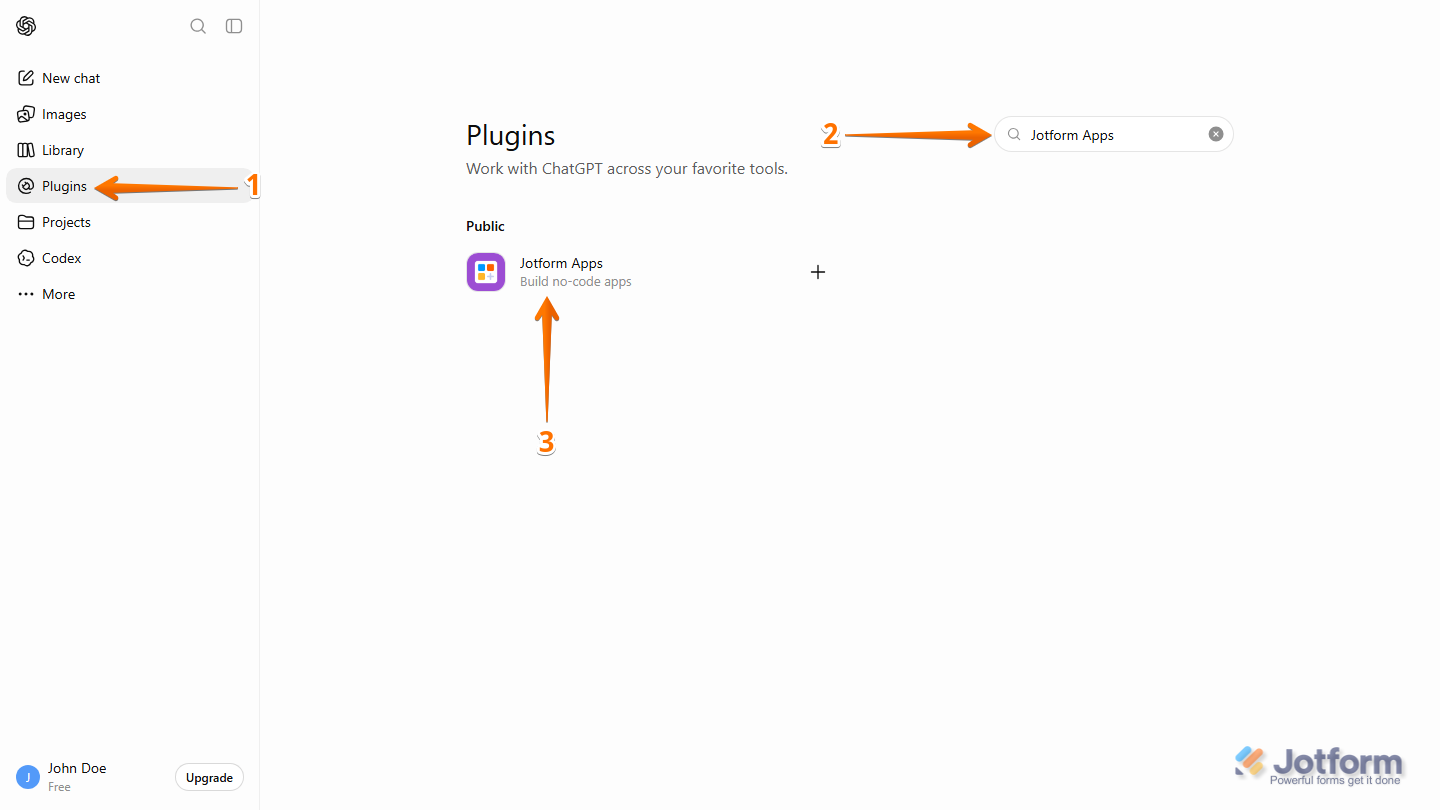 ChatGPT Plugins page with Jotform Apps entered in the search bar and the Jotform plugin visible in the search results, ready to be selected