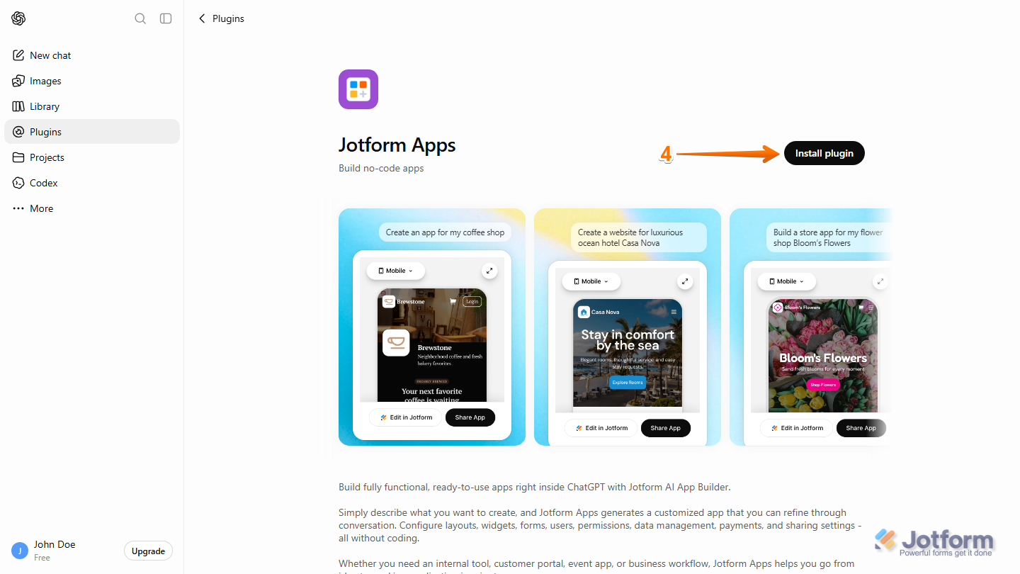ChatGPT Jotform Apps plugin page with the Install Plugin button visible in the upper-right corner, ready to install the plugin