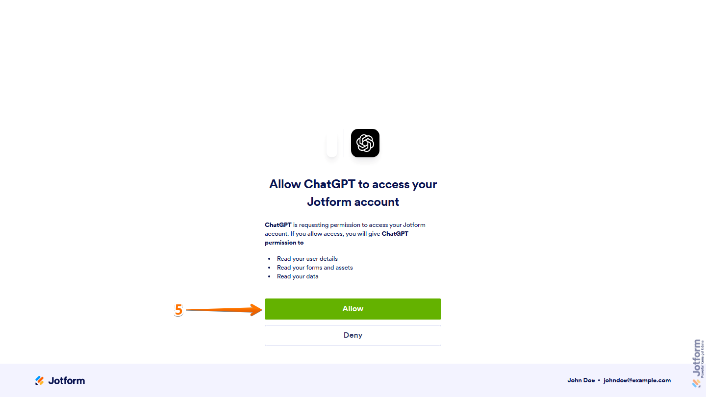 Jotform Authorization page displaying the requested permissions and the Allow button for granting access to the Jotform Apps plugin