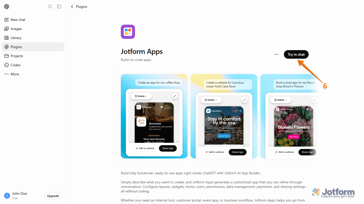 ChatGPT Jotform Apps plugin page with the Try in Chat button visible on the right side after the plugin has been installed
