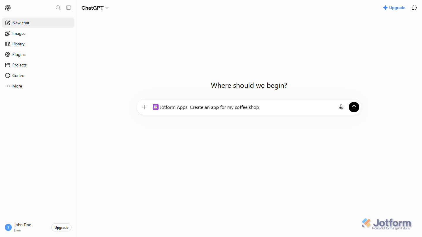 ChatGPT chat interface with the Jotform Apps plugin installed and ready to create Jotform Apps directly from ChatGPT