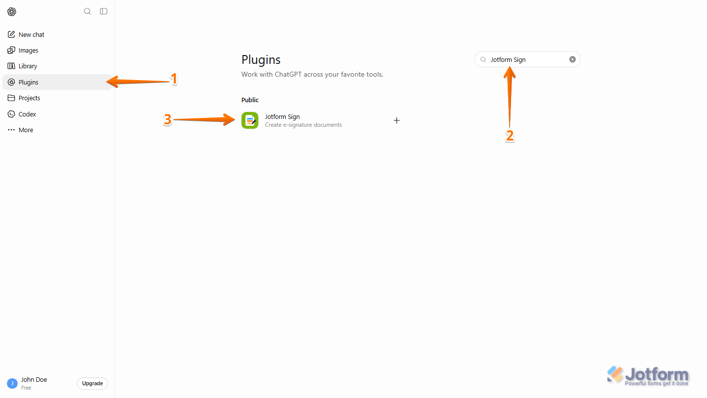 ChatGPT Plugins page with Jotform Sign entered in the search bar and the Jotform Sign plugin visible in the search results, ready to be selected